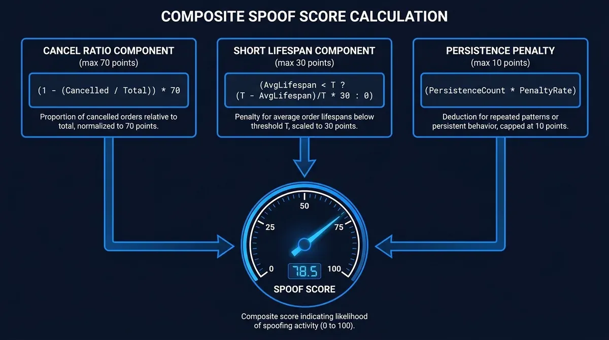 Athenum illustration showing the three components of the spoof score formula combining into a 0-100 composite