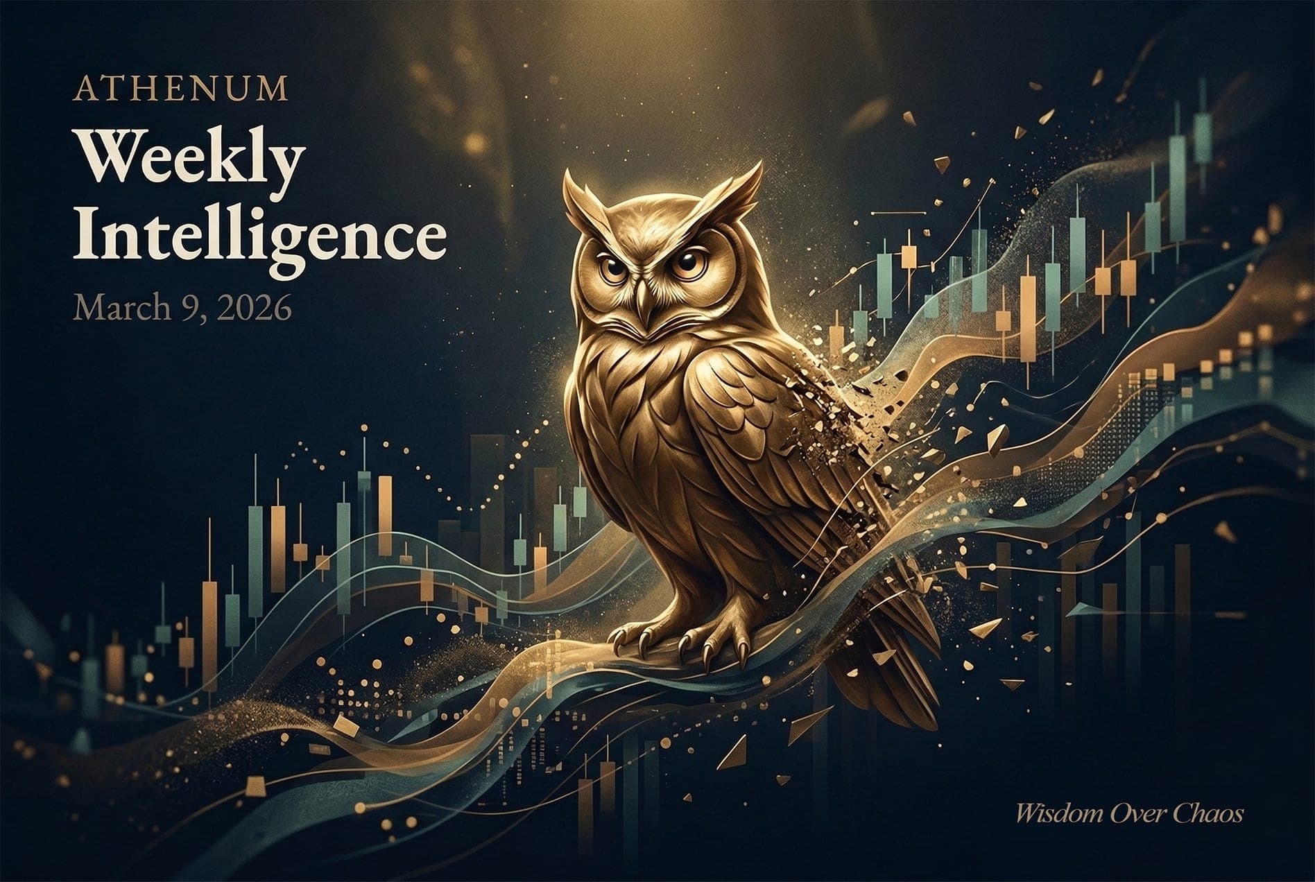 Golden owl perched amid flowing candlestick charts and data streams on a deep navy background, representing Athenum's Weekly Intelligence report for the week of March 1 to 8, 2026.