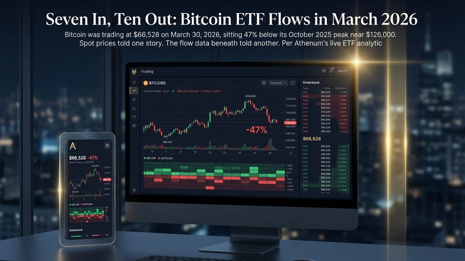 Feature image for Seven In, Ten Out: Bitcoin ETF Flows in March 2026