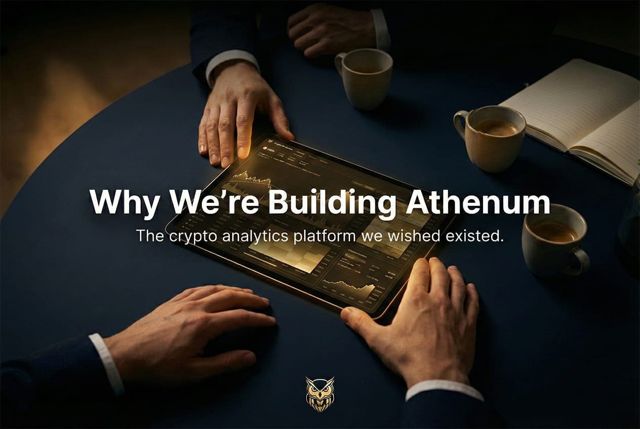 Two founders reviewing a glowing crypto trading dashboard on a dark table, golden chart visualizations illuminating the scene. Athenum founder story blog cover.