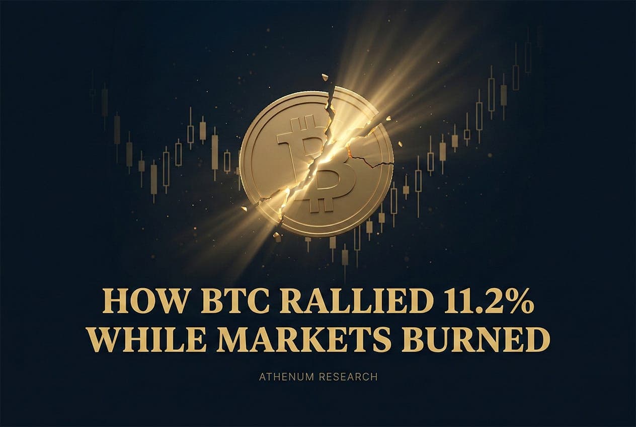 Golden Bitcoin coin cracking apart with light bursting through against dark navy background, symbolizing BTC's 11.2% breakout rally. Text reads How BTC Rallied While Markets Burned.