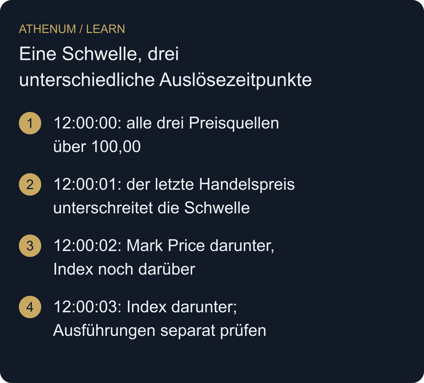 Hypothetische alternative Verkaufsstops bei 100,00 USDT. Jede Preisquelle unterschreitet die Schwelle zu einem anderen Zeitpunkt. Daraus folgt noch kein Ausführungspreis.