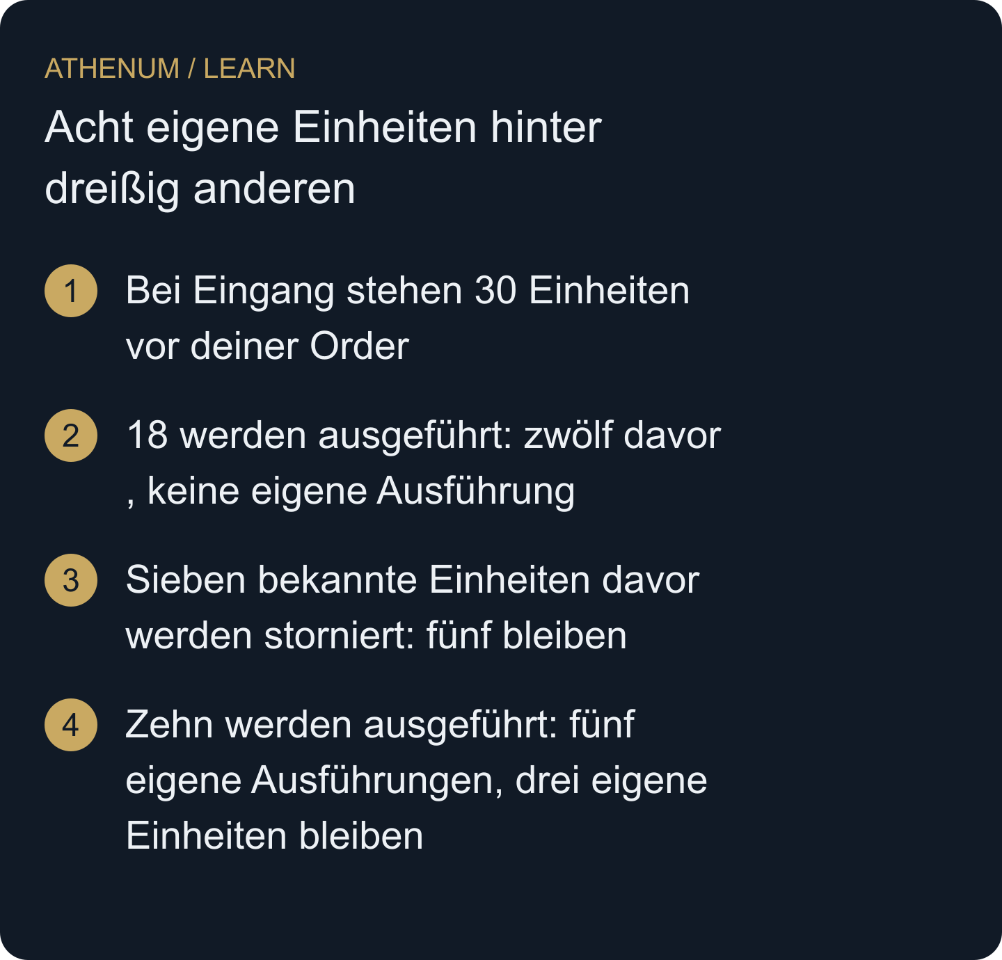Hypothetisches FIFO-Protokoll mit bekannten Einzelorderereignissen. Aggregierte Orderbuchänderungen allein belegen diese Reihenfolge nicht.