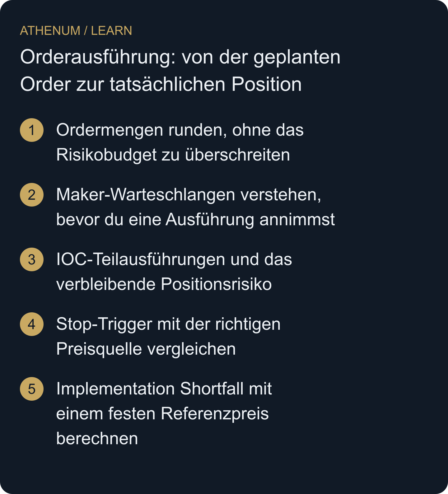 Gleiche geplante Orders mit zulässigen Orderparametern, bestätigten Ausführungen, Gebühren und verbleibendem Positionsrisiko ab.