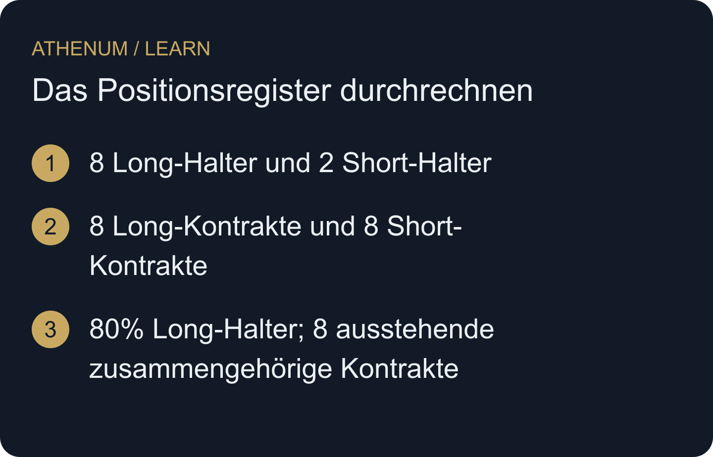 Drei Beschreibungen desselben fiktiven Registers, keine drei zeitlich aufeinanderfolgenden Ereignisse. Kontenzahlen gewichten die Positionsgröße nicht.