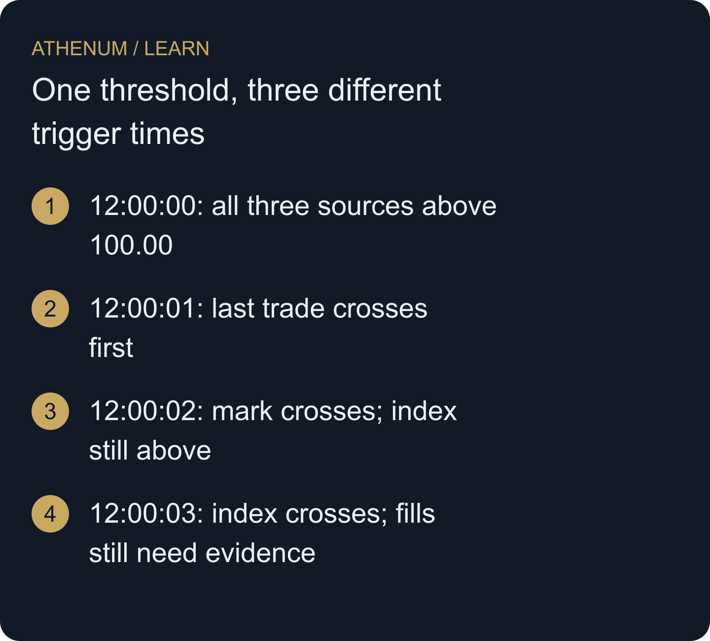 Hypothetical sell-stop alternatives at a 100.00-USDT threshold. Each source has its own first crossing; no execution price is implied.