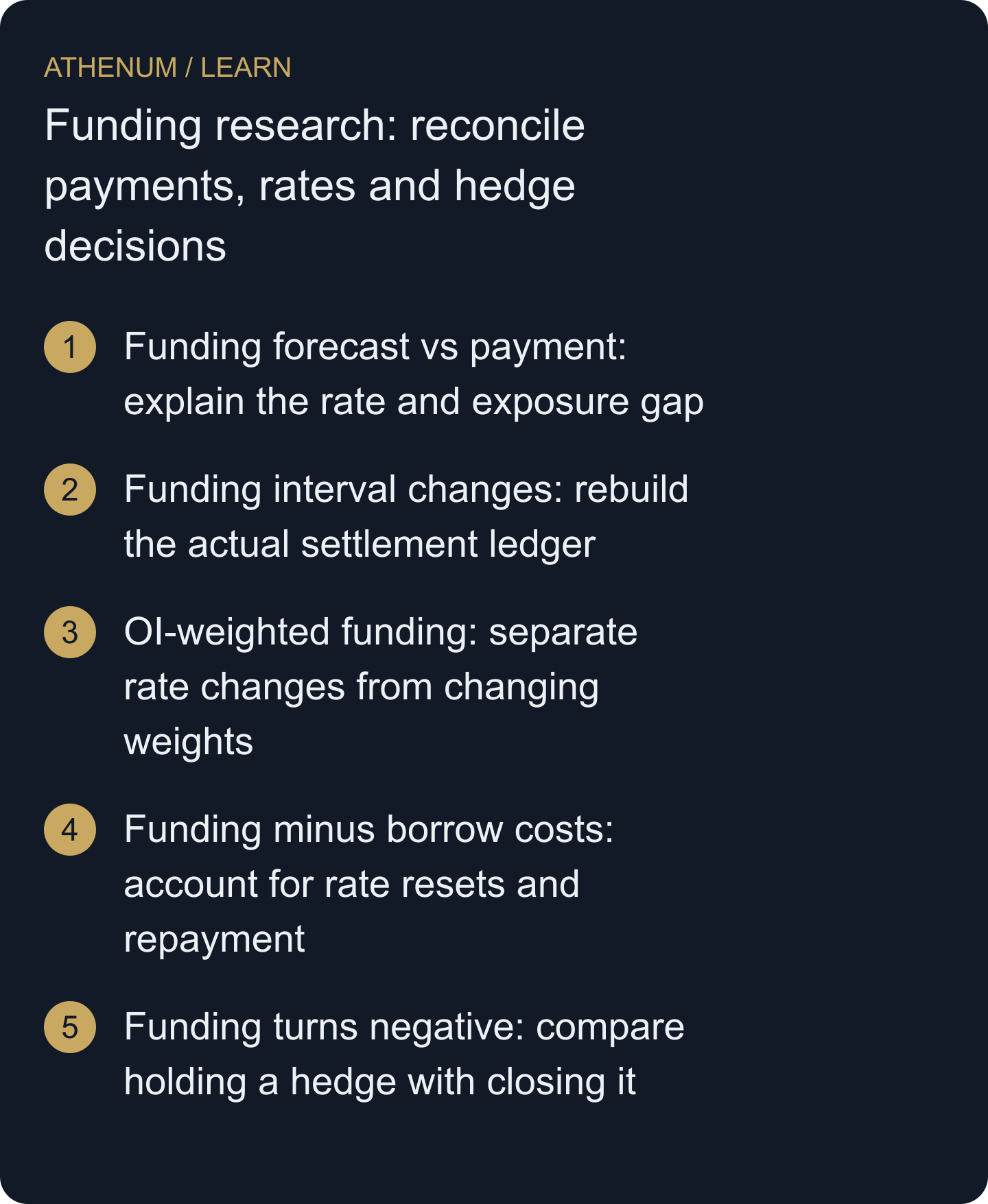 Build an auditable funding ledger and separate changes in rates, exposure, market weights and future carrying costs before comparing hedge decisions.