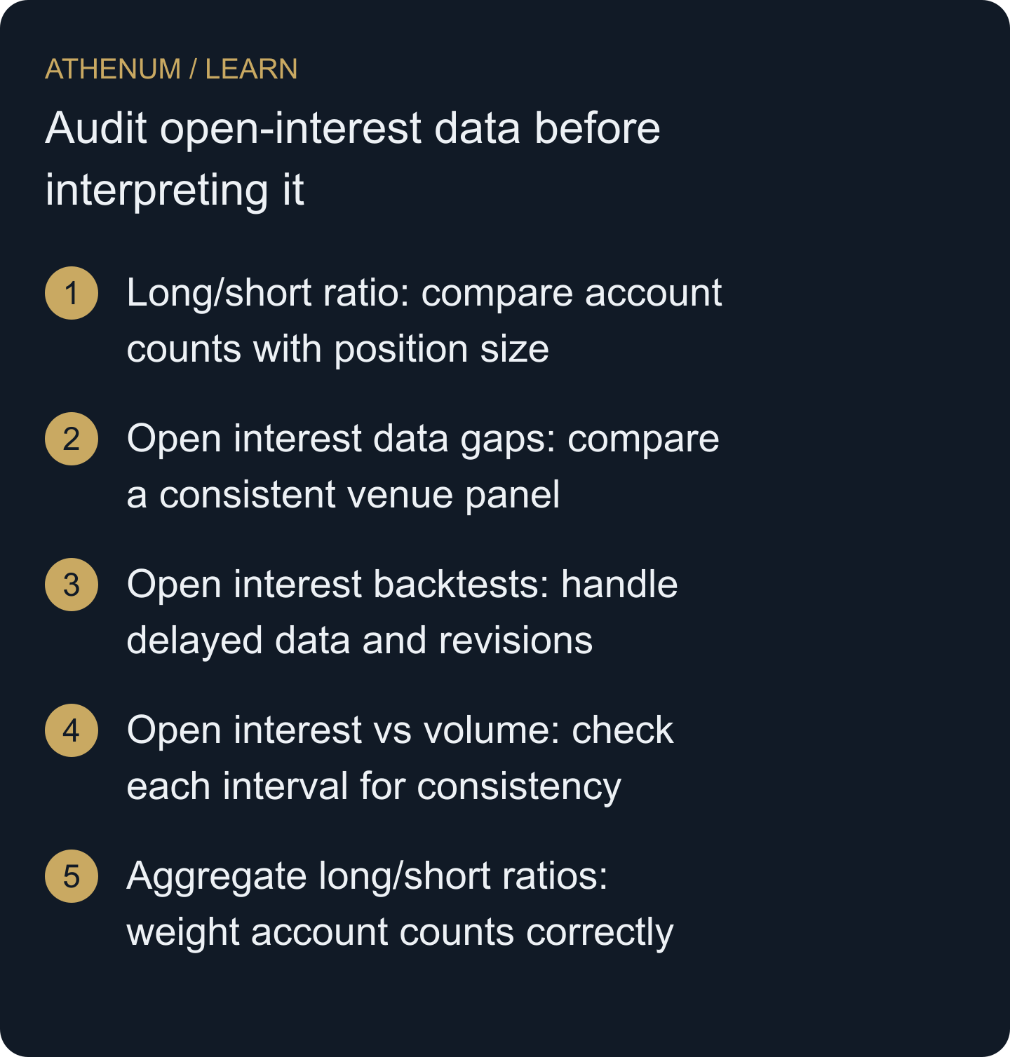 Reconcile what an OI dataset can establish, identify incompatible observations and keep missing information out of trading narratives.
