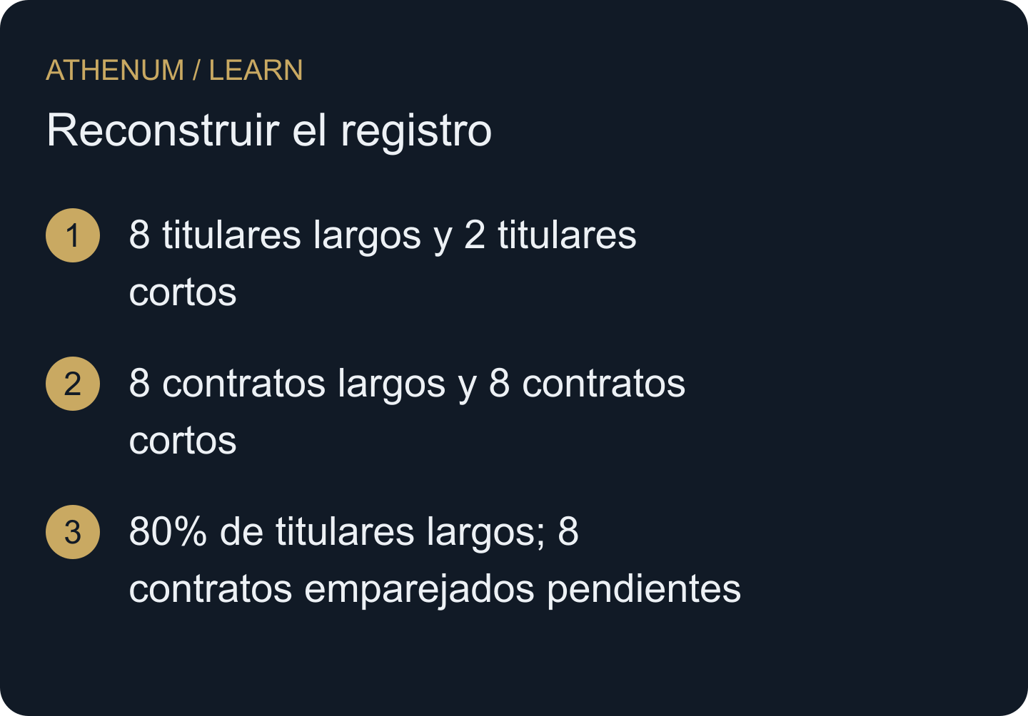 Son tres descripciones del mismo registro ficticio, no tres sucesos ordenados en el tiempo. El número de cuentas no pondera el tamaño de las posiciones.