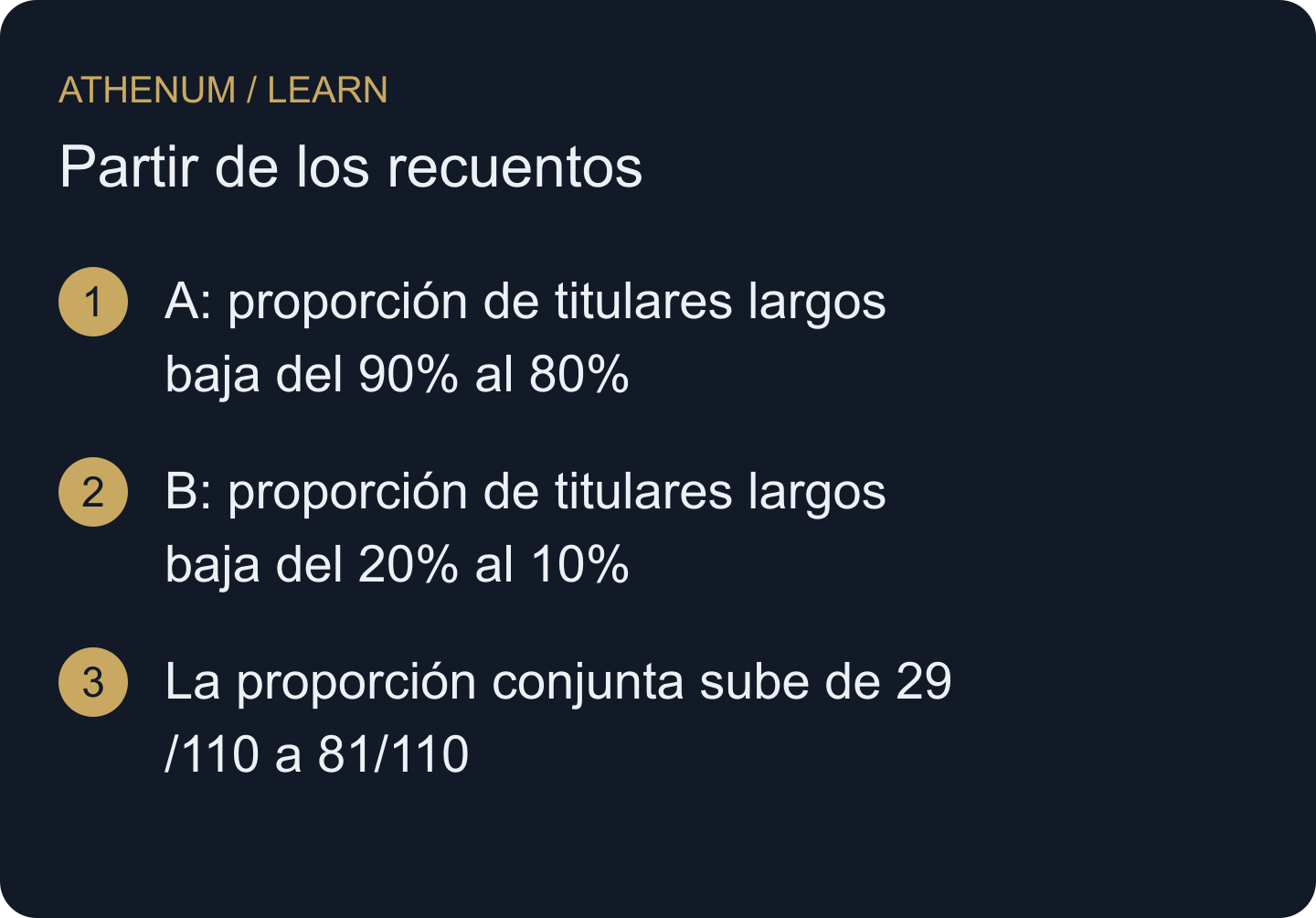 La plataforma con proporción alta recibe más peso por recuento en t1. Se comparan proporciones individuales y conjuntas; no es una secuencia de operaciones.