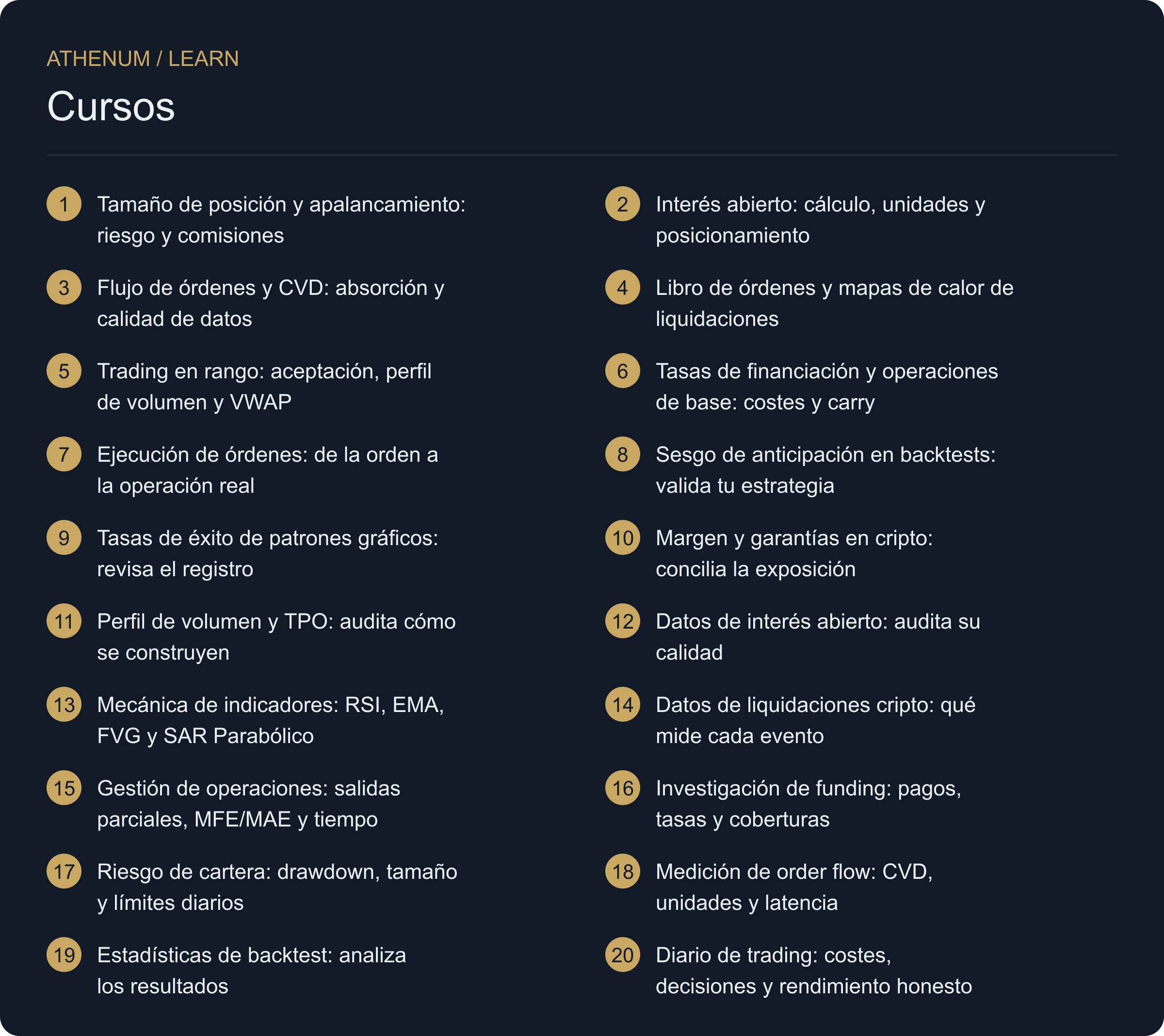Construye un proceso que puedas comprobar. Empieza por el riesgo y la ejecución y después analiza las pruebas detrás de las señales de derivados y flujo de órdenes. Cada lección incluye un cálculo o caso práctico, un contraejemplo y una pregunta.