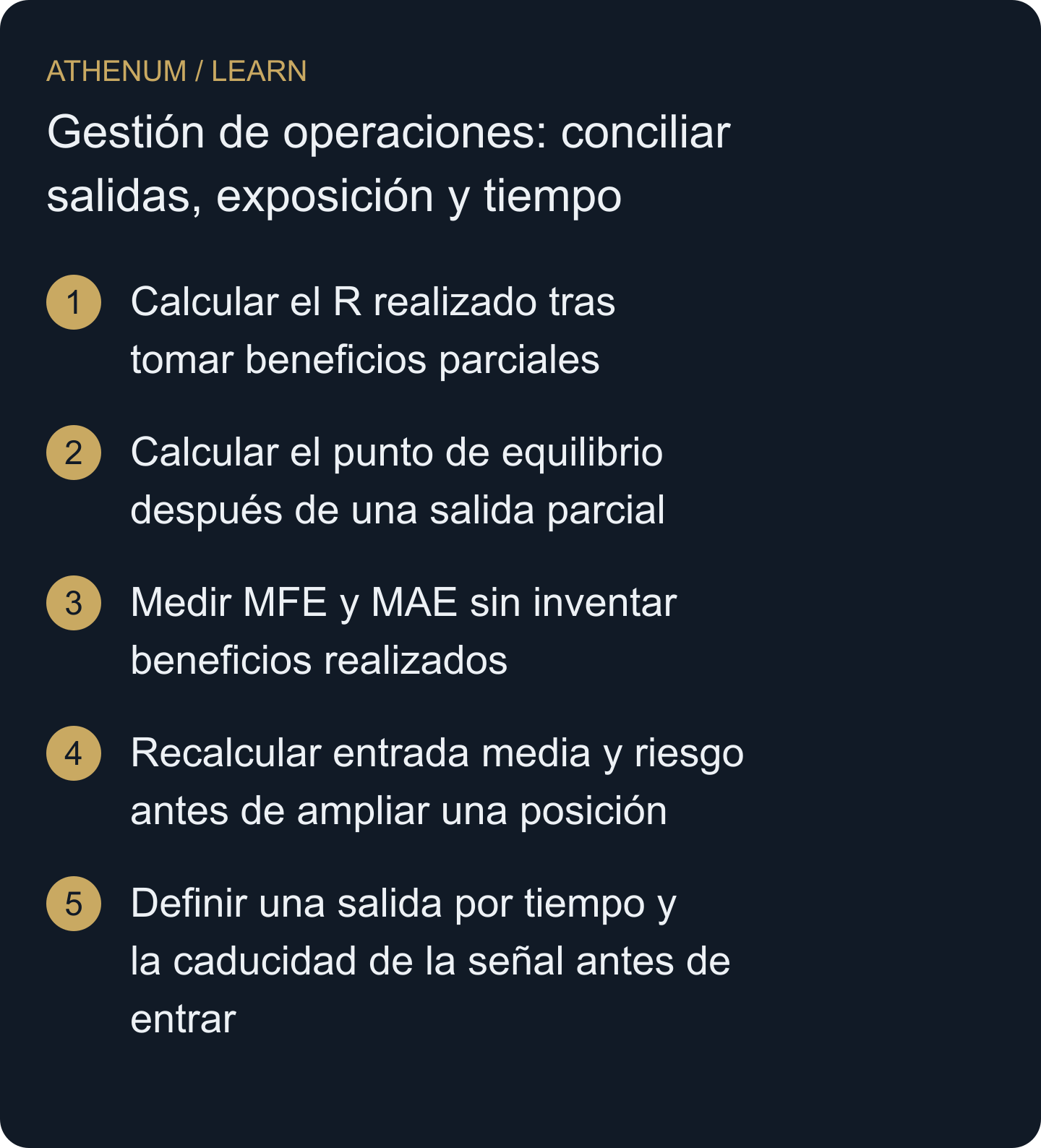 Concilia lo que se ejecutó, la exposición pendiente y la regla de salida aplicable, sin sustituir el registro de la posición por un objetivo del gráfico o información conocida después.
