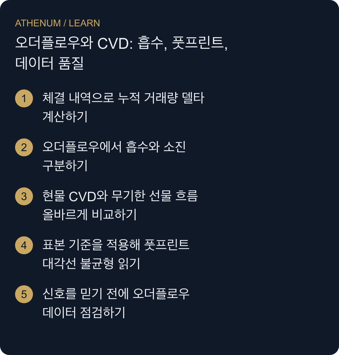 원시 관측부터 분류, 집계, 해석까지 체결 흐름 신호를 점검합니다.