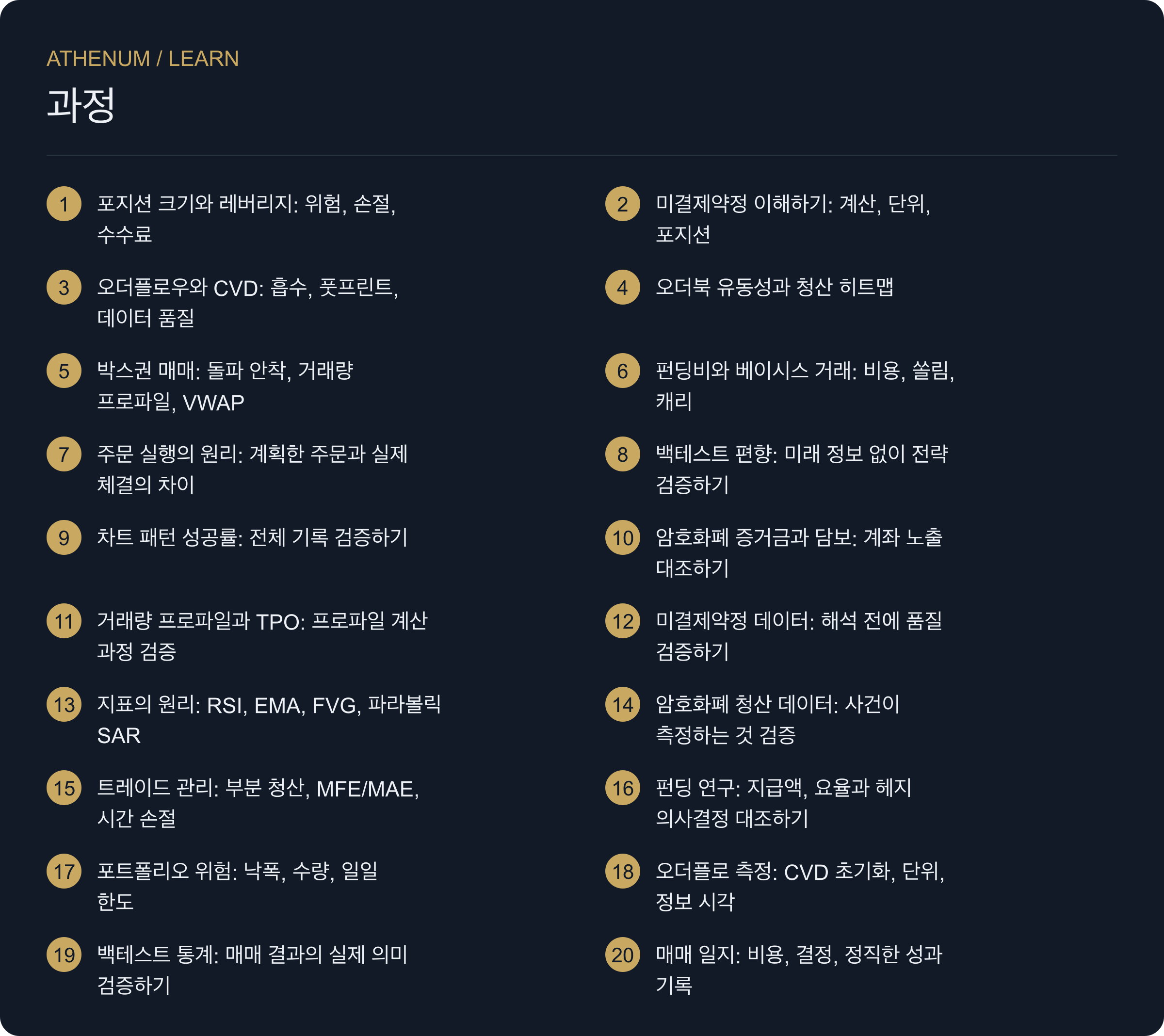 검증할 수 있는 매매 과정을 만들어 보세요. 위험 관리와 주문 체결부터 시작해 파생상품과 주문 흐름 신호의 근거를 살펴봅니다. 각 수업에는 계산 또는 사례 분석, 반례, 연습문제가 포함되어 있습니다.