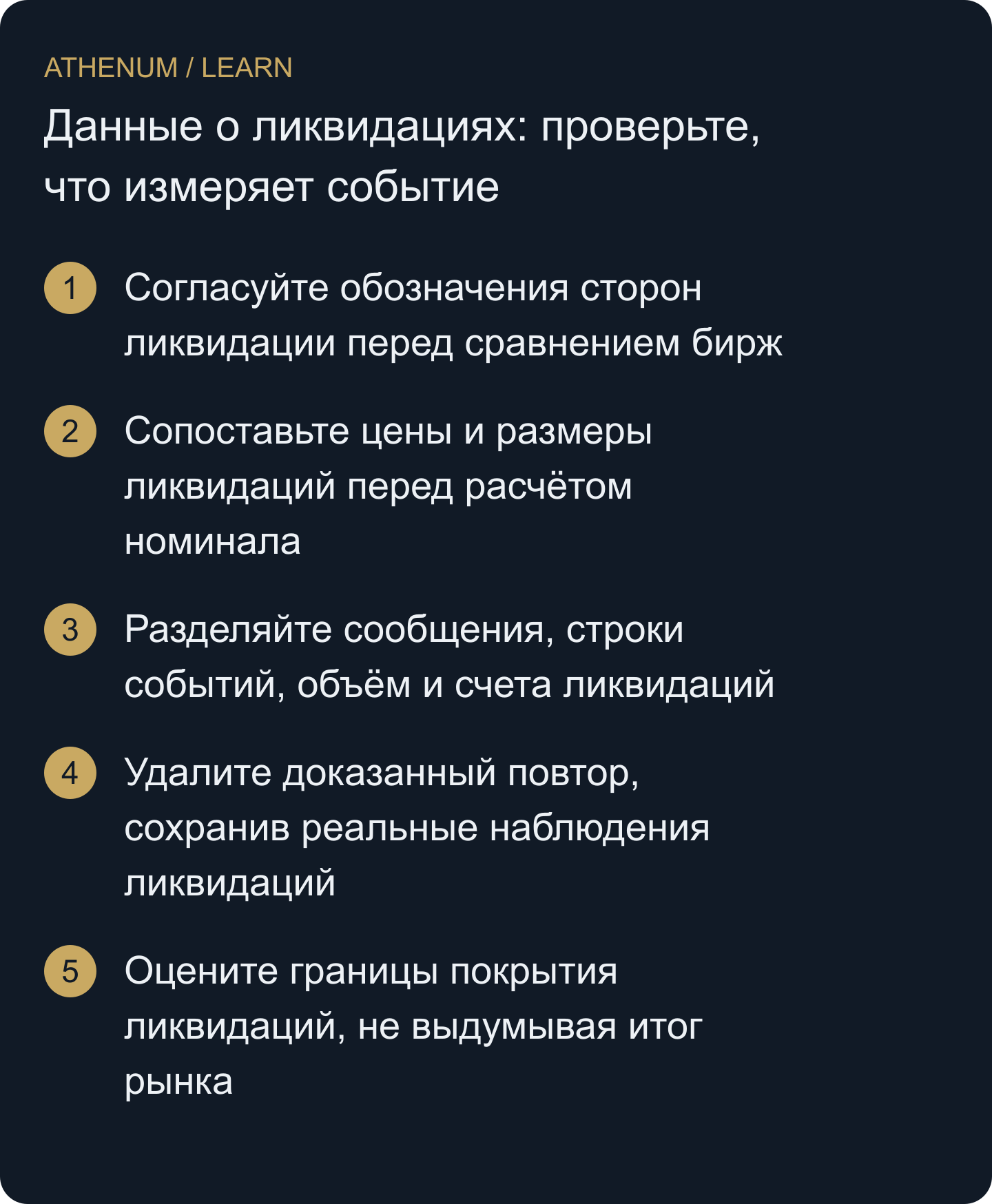 Превратите наблюдения о ликвидациях в определённую статистику, не приписывая данным неизвестные цены исполнения, убытки счетов или полноту рынка.