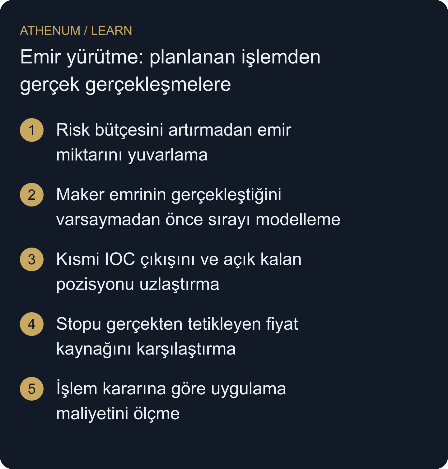 Planlanan işlemi izin verilen emir parametreleri, doğrulanmış gerçekleşmeler, ücretler ve kalan pozisyonla uzlaştırmak.