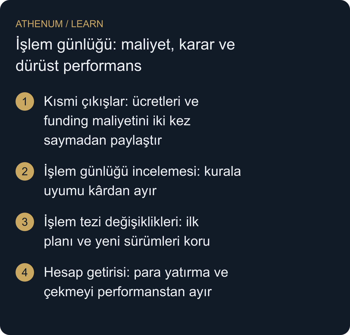Başarısız işlemleri yeniden yazmadan veya para yatırmayı kâr saymadan para ve kararları uzlaştıran günlük oluştur.