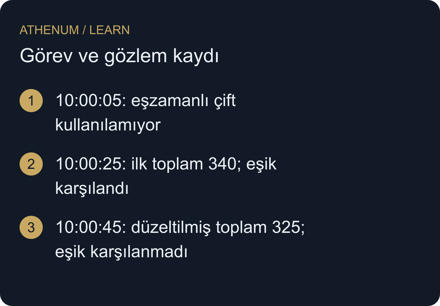 Kayıtlar geldikçe karar anındaki bilgi değişir. Örnek eşik 330'dur. Bunlar denetim sonuçlarıdır; gerçekleşmiş işlemler veya ölçülmüş sağlayıcı gecikmeleri değildir.