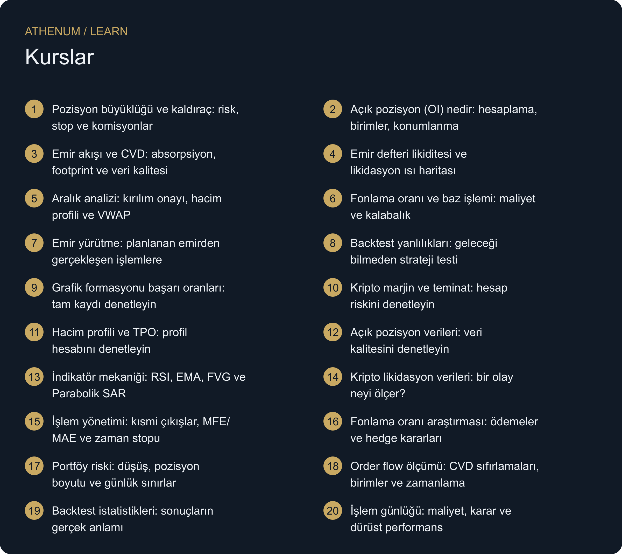 Kontrol edebileceğiniz bir süreç oluşturun. Risk ve emir gerçekleşmesiyle başlayın; ardından türev ve emir akışı sinyallerinin dayandığı verileri inceleyin. Her derste bir hesaplama veya vaka, karşı örnek ve uygulama sorusu bulunur.