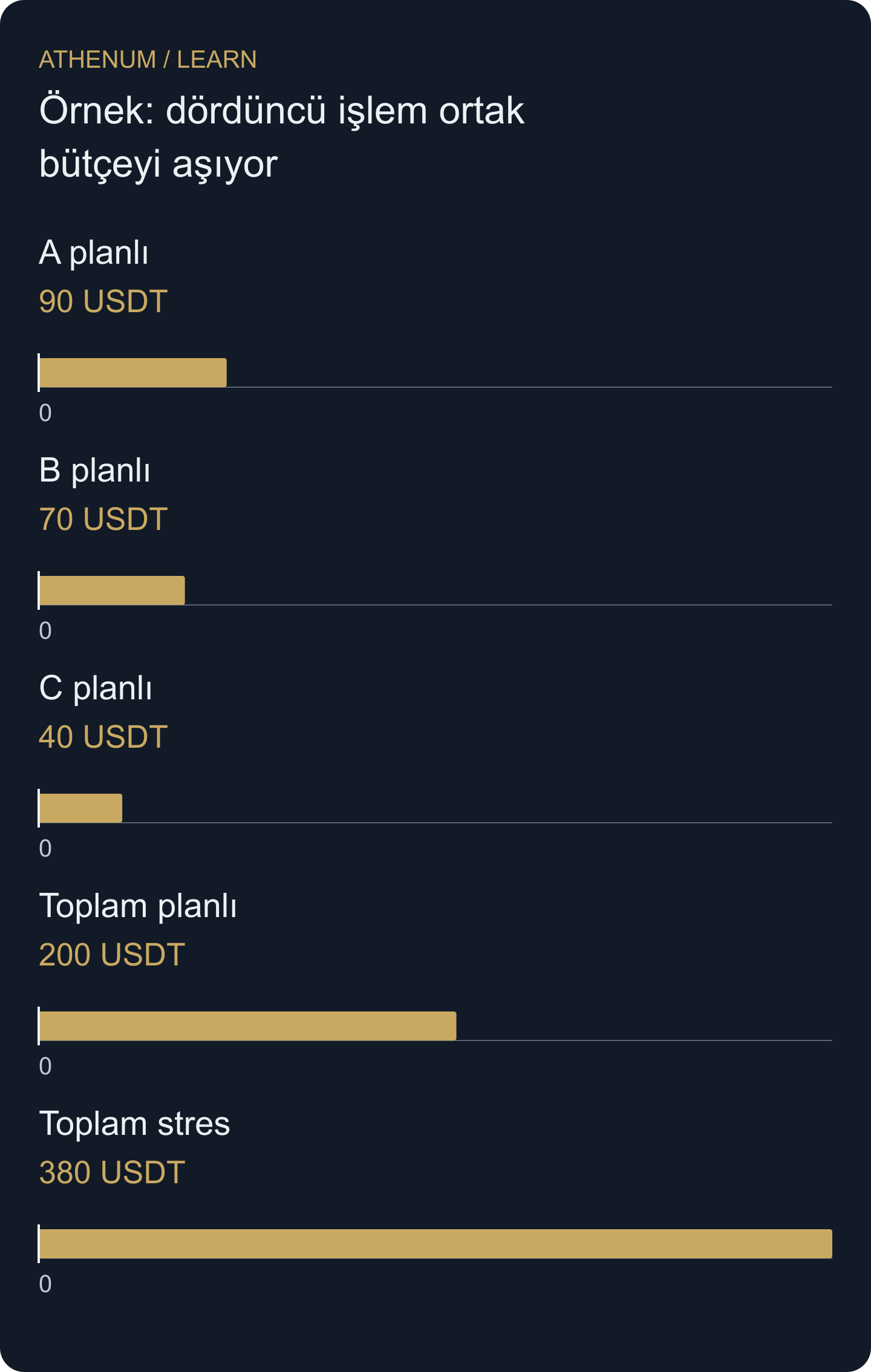 Kurulmuş portföy örneği: aynı üç pozisyonun planlı stop bütçesi 200, ortak stres kaybı 380 USDT’dir.