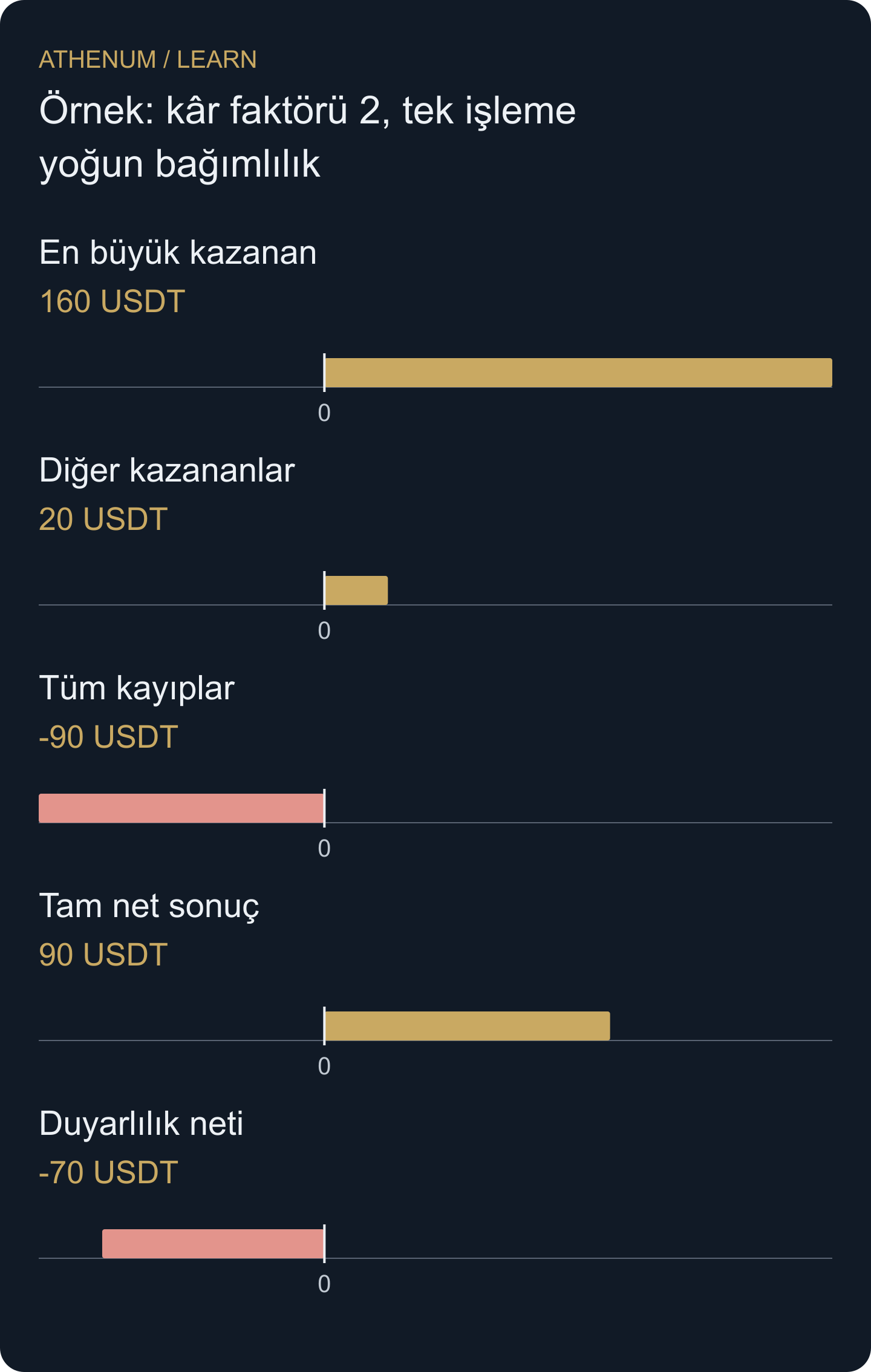 160 USDT kazanan, tam örneklemin 90 net kazancından büyüktür. Duyarlılık onu gerçek kayıttan silmez.