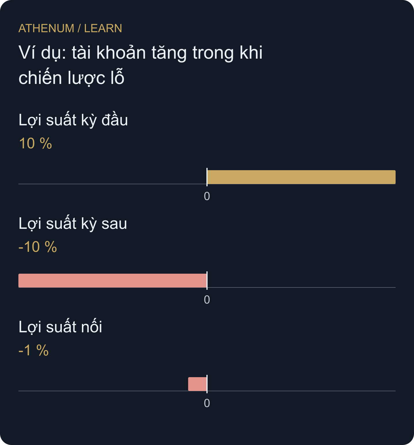 Ví dụ tài khoản hai kỳ tự dựng. Tiền góp giải thích tăng số dư; lợi suất đầu tư nối vẫn âm.