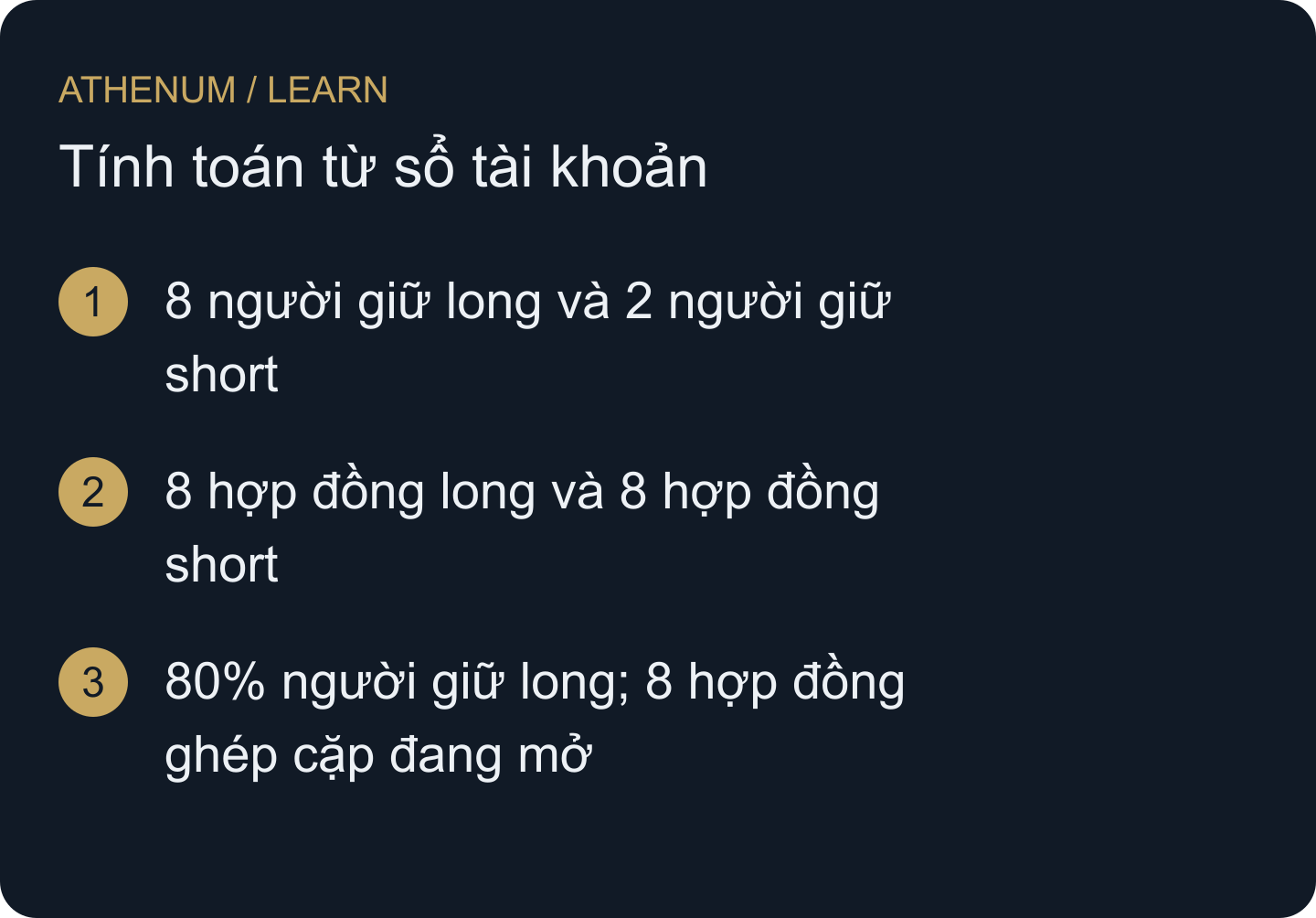 Đây là ba cách mô tả cùng một sổ giả định, không phải ba sự kiện theo thời gian. Số tài khoản không được đặt trọng số theo quy mô vị thế.