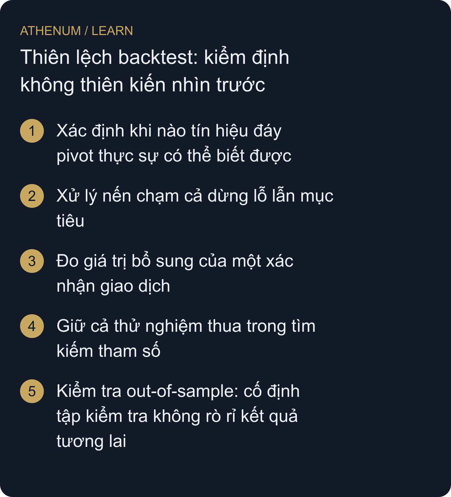 Biến kết quả lịch sử hấp dẫn thành hồ sơ nghiên cứu có thể kiểm tra, tách hiệu suất quan sát được khỏi giả định và rò rỉ thông tin tương lai.